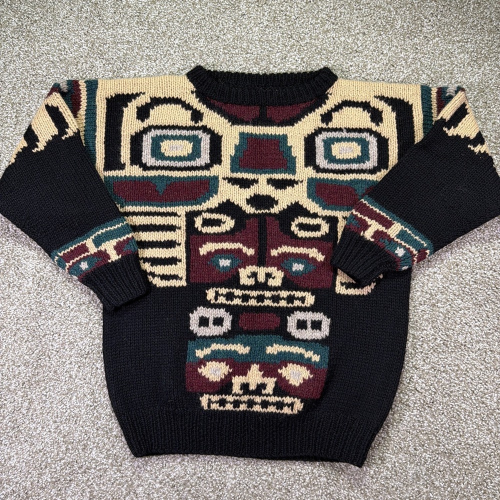 Vintage Wool Tribal Totem Sweater Hand Knitted Vintage Size Medium Hand Knit